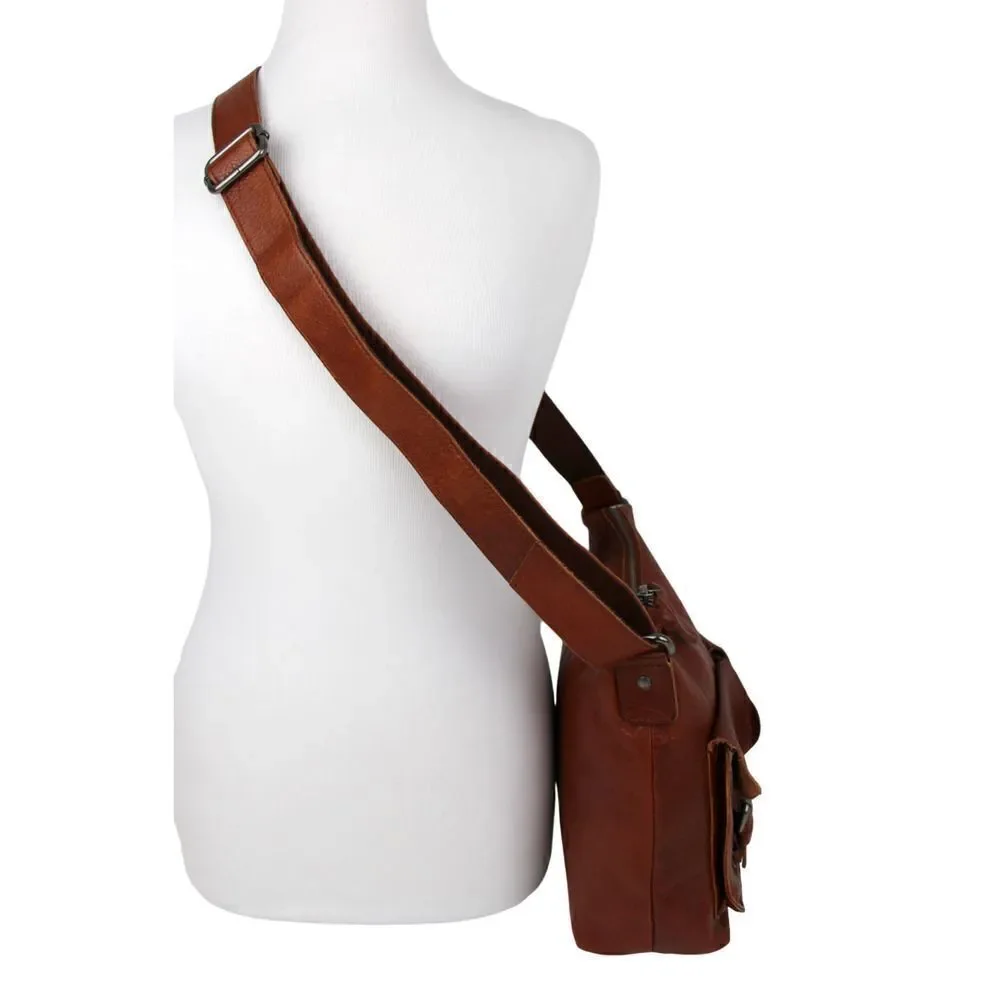 SPIKES & SPARROW BROWN GENUINE LEATHER SHOULDER BAG X-BODY ZIP TOP HANDBAG PURSE